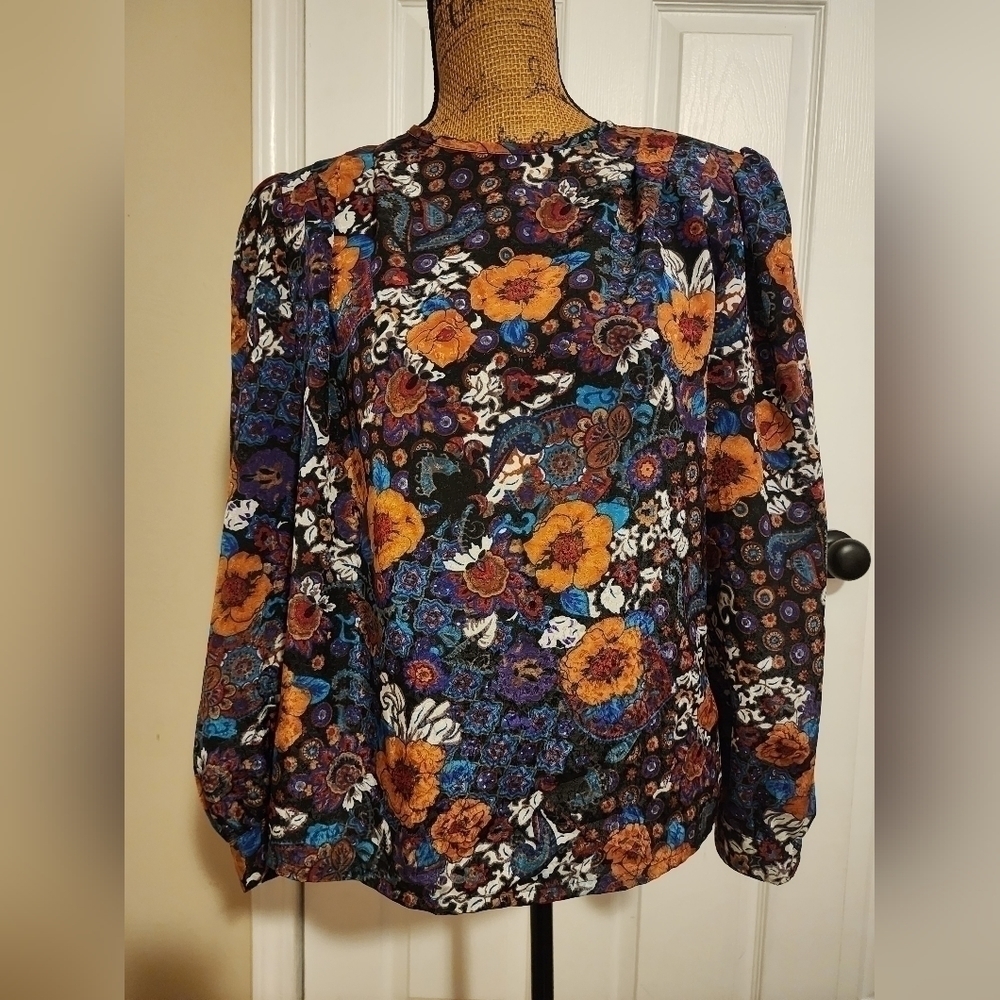Vintage Nicola 90's Floral Shirt Top Blouse Women's 10 Shoulder Pads Keyhole EUC